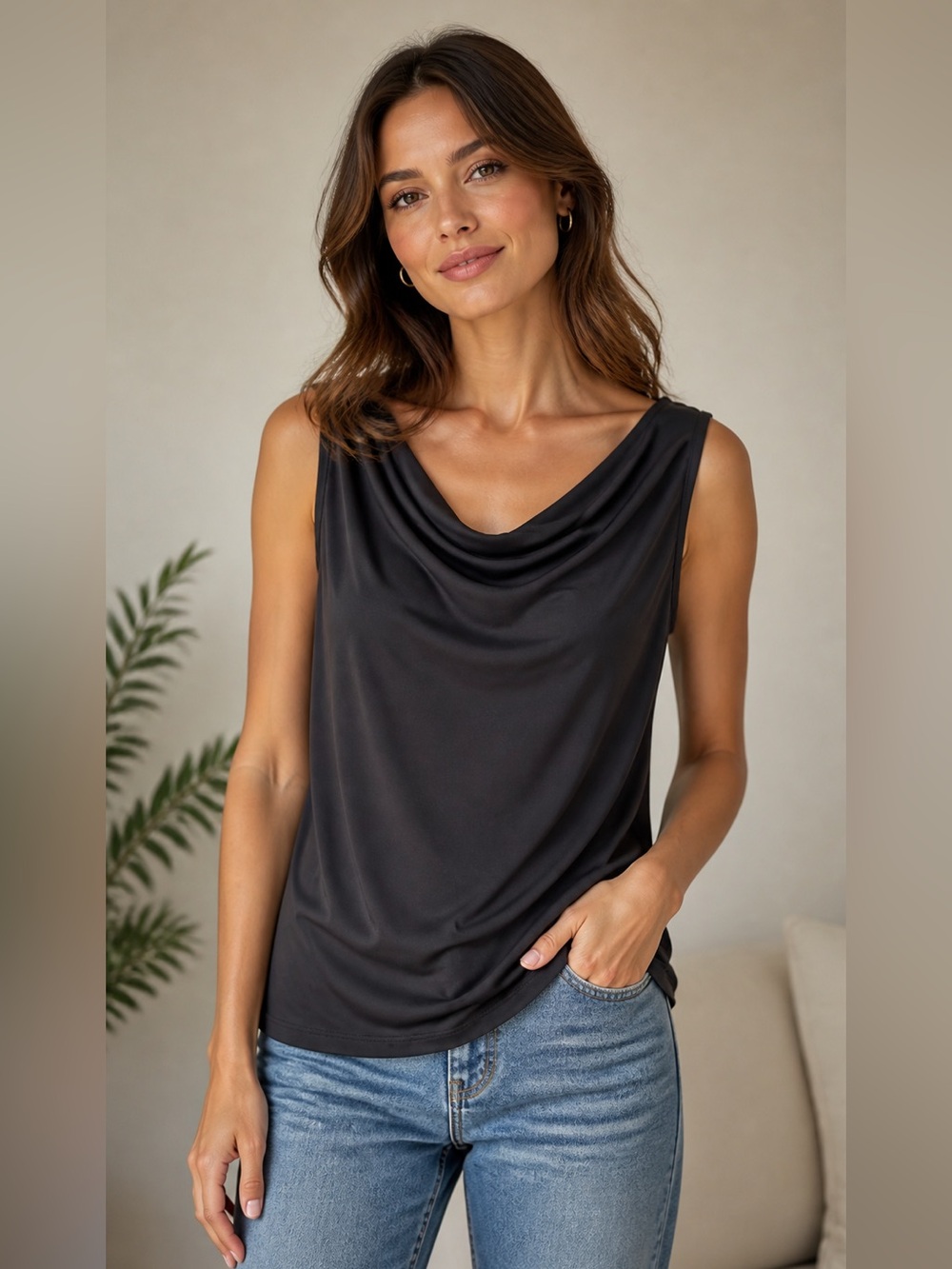 Sleeveless Black Draped Cowl Neck Top